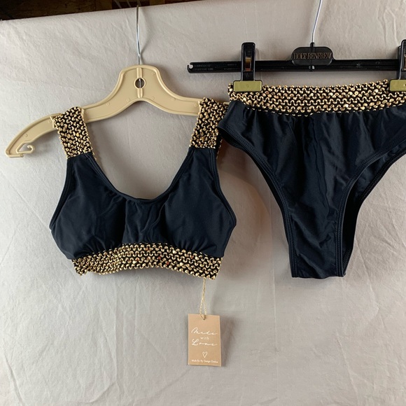 Gold Trim High Waisted 2pc Bikini Swimsuit Bathing Suit - Picture 6 of 6
